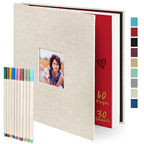 Image of Photo Album 60 Self-Stick Pages (11x10.6inch) Beige Linen for 2x3 3x5 4x6 5x7 6x8 8x10 Pictures with 10 Metallic Pen, Magnetic Scrapbook Album for Your Family and Friends