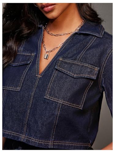 Floerns Women's Collared V Neck Denim Crop Tops Short Sleeve Casual Loose Jean Top4