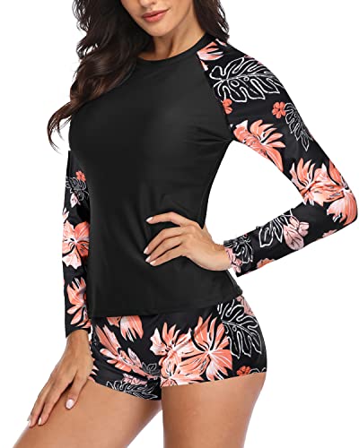 Image of Daci Women Two Piece Rash Guard Long Sleeve Swimsuits UV UPF 50+ Swim Shirt Bathing Suit with Boyshort Bottom