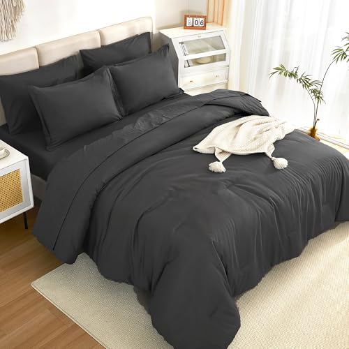Litanika Comforter California King Size Set Dark Grey - 7 Pieces Bed in a Bag California King Bedding Comforter Sets, Plain Lightweight Bed Set with Comforter, Sheets, Pillowcases & Shams