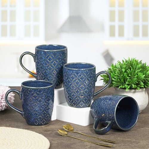 Image of CRAF10 Glaze Studio Ceramic Coffee /Tea Mugs - Set of 4, 330 ML Each, Reactive Glaze, Elegant & Durable, Microwave & Dishwasher Safe, Indigo Color
