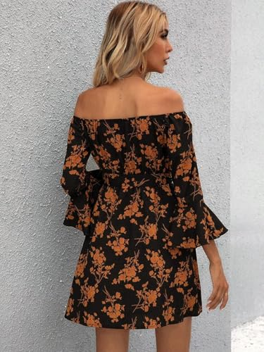 Image of Off Shoulder Ruffle Dress for Women, A-Line Mini Dress with Belt, Fitted Bust Summer Wedding Guest Dress