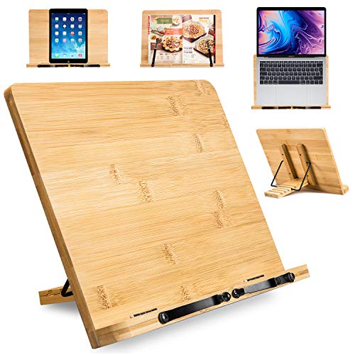 Bamboo Book Stand Holder for Reading Hands Free, Large Foldable Cookbook Stand