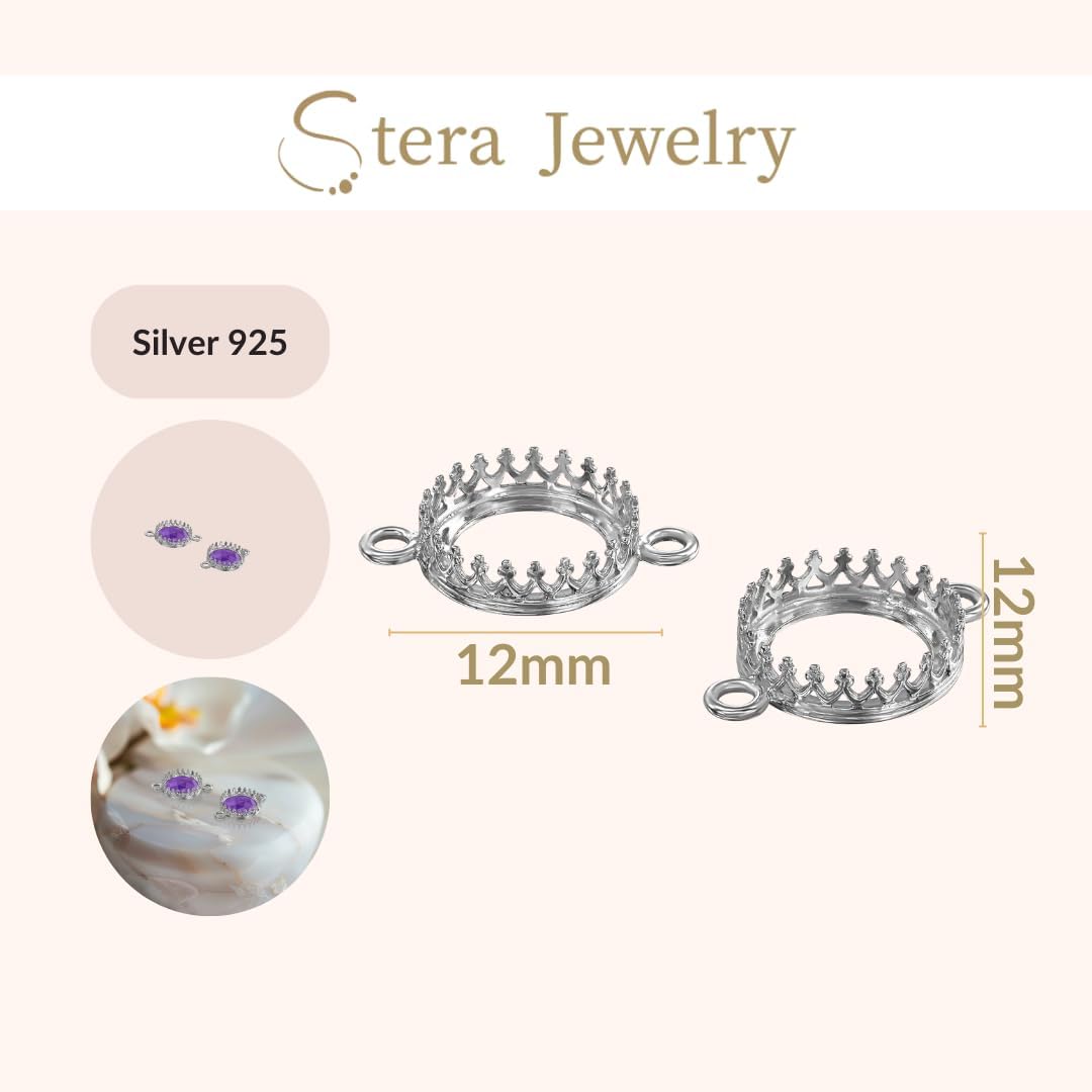 925 Sterling Silver Pendant Tray - 4 Pieces of 12mm Round Crown Bezel Settings with 2 Loops - Silver Bezels for Jewelry Making- Perfect for Pendants and Earrings