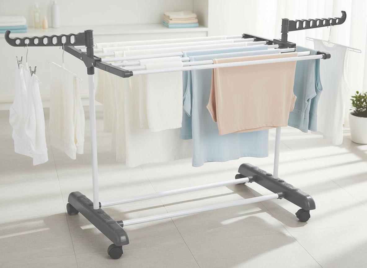 FLIPZON Premium Clothes Stand for Drying with Wheels | Portable | 1 Layer Rack for Balcony | Foldable Wings | 7 Hanger Rods | Alloy Steel & Plastic (White & Grey), 54 x 74 x 86 Cm | Small-image-19