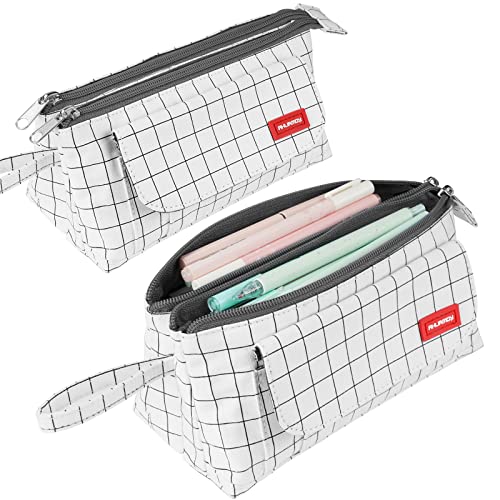 Pencil Case with Two Large Compartments Pocket Big Capacity Pencil Pouch Holder Pen Case Makeup Bag School Supplies Office Stationery Storage Gift for School Students Girl Boy Adult Teen (Plaid White)