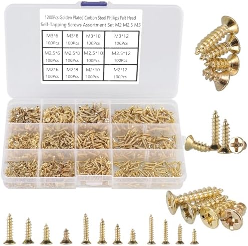 1200Pcs Tiny Flat Head Self Tapping Screws Kit, Gold M2 M2.5 M3 Small Wood Screws Assortment, Countersunk Head Self Drilling Screw, Sheet Metal Screw Phillips/Cross Drive for DIY Woodwork Repairs.