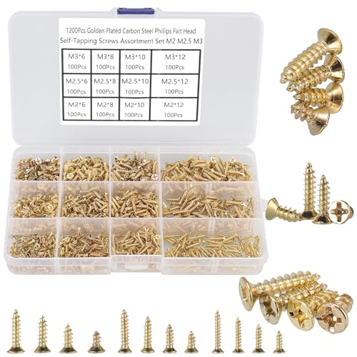 FandWay 1200Pcs Self Tapping Screws Kit M2 M2.5 M3 Small Wood Screws Assortment Countersunk Head Self Drilling Screw Flat Head Sheet Metal Screw Phillips/Cross Drive for DIY Woodwork Repairs.