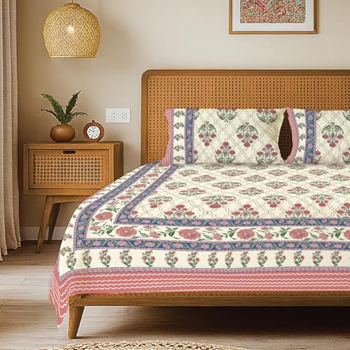 Image of Urban Space 100% Cotton Jaipuri Handblock Premium Printed King Size Bedsheet with 2 Pillow Covers, 240 TC Cotton King Bedsheet (108 x 108 Inches, Amberjaal Pink)