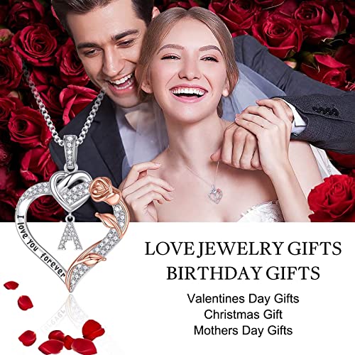 Love Heart Necklace Gifts For Her, 925 Sterling Silver Rose Heart Initial K Letter Pendant Necklace Jewelry Mothers Day Valentines Christmas Gifts For Mom Wife Girlfriend Anniversary Birthday Gifts #TOP1