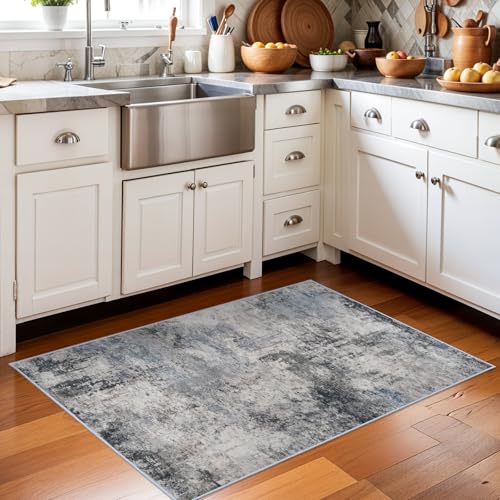 RUUGME Washable Abstract Rug 2x3:Living Room Large Vintage Area Rug Soft Indoor LowPile Carpet Bedroom, Dining Room Non-Slip Backing Stain Resistant Distressed Floor Dec Machine Washable Mat 2X3 Blue