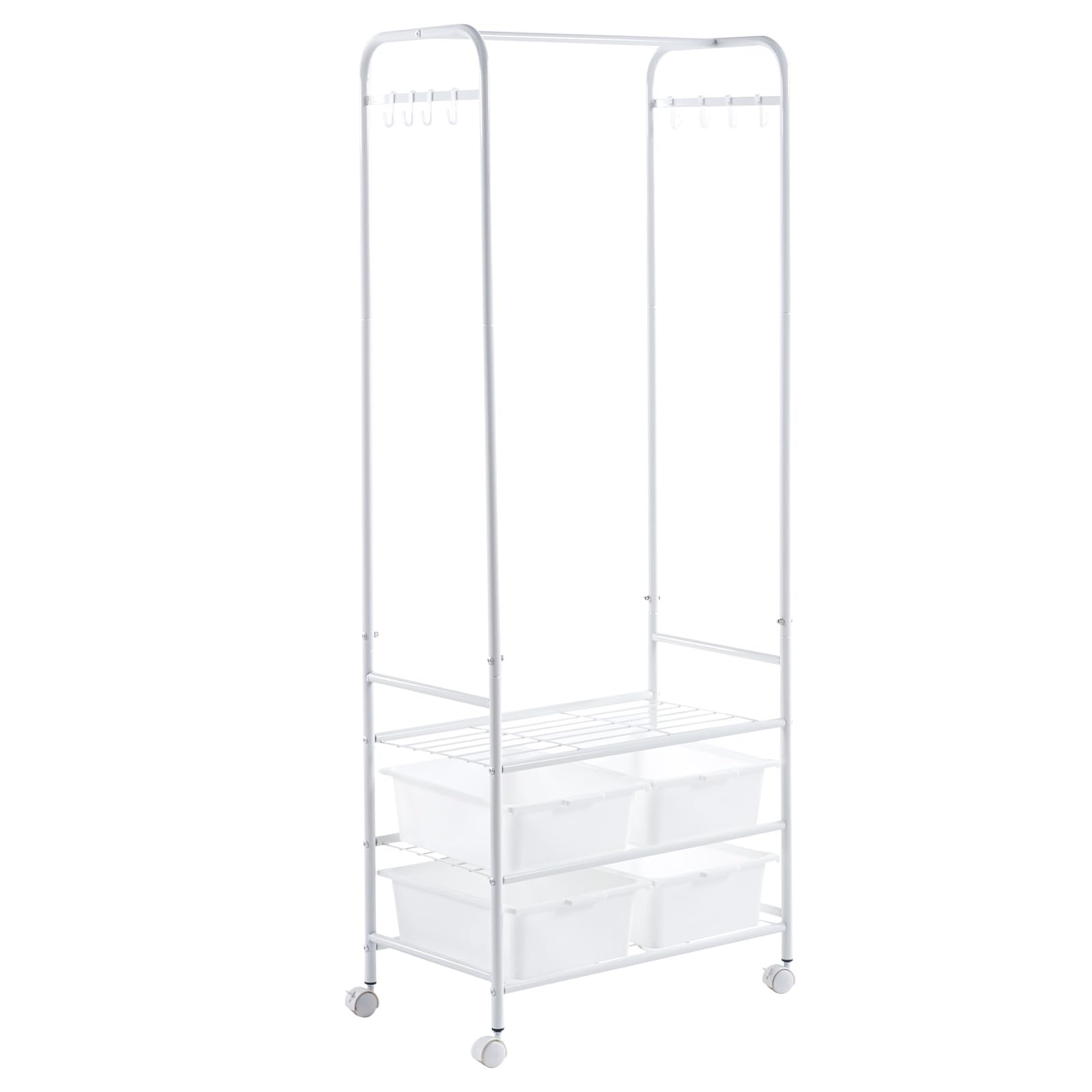 Kaixin Rabbit3-in-1 removable hanger with 2-layer storage box, one iron mesh, 8-side hooks, large capacity, rolling storage cart, for living room bedroom laundry room small place entrance, white