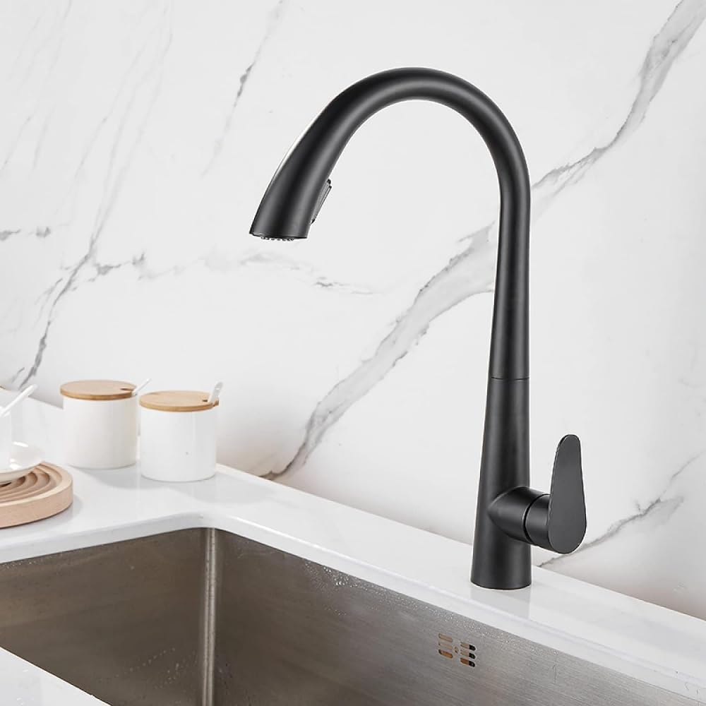 Robinet d'eau chaude et froide mitigeur d'évier noir anti-éclaboussure à ressort