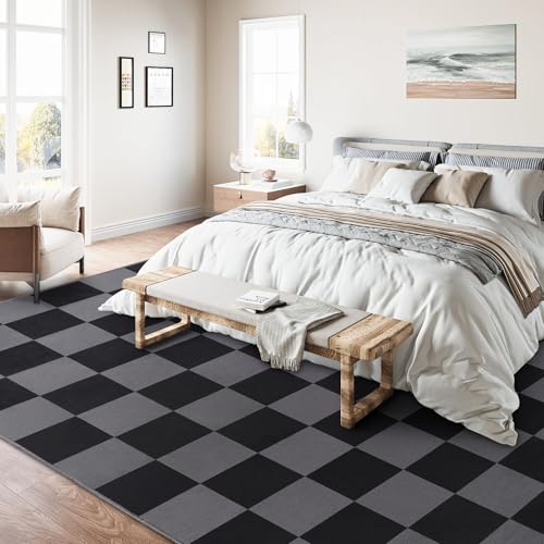 SOANNY Alfombra salón Pelo Corto súper Suave patrón Cuadros Lavable Antideslizante para salón Dormitorio habitación Infantil Comedor Oficina Negro-Gris 120x170 cm - imagen 6