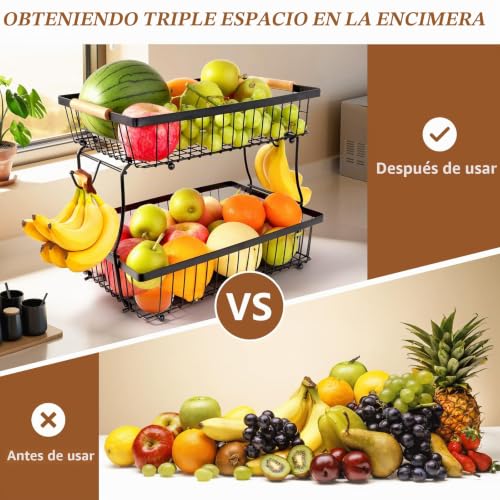 Miniatura 6 de Foiiliio Frutero 2 Pisos Negro Cesta De Frutas De 2 Niveles Cesta De Frutas De Metal Diseño Desmontable, Fruteros Estante De Almacenamiento Para Pan Verduras Bocadillos
