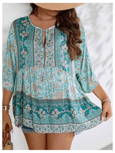 WDIRARA Women's Plus Size Boho Floral Print Ruffle Hem Blouse Tie Front 3/4 Sleeve Peplum Top4