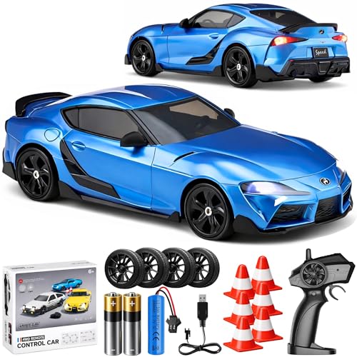 IntelLock 1:24 RTR RC Drift Car with Scratch-Free Drift Tires, 4WD High-Speed JDM, 2 Rechargeable Batteries, LED Lights, 2.4GHz Remote Control Car for Kids & Adults, Indoor/Outdoor (Blue 2)