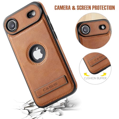 Image of Casus for iPhone Air Case Compatible with MagSafe Kickstand Vegan Leather Slim Classic Luxury Elegant Protective Cover with Tempered Glass Screen Protector (2025) 6.5 inch, Brown