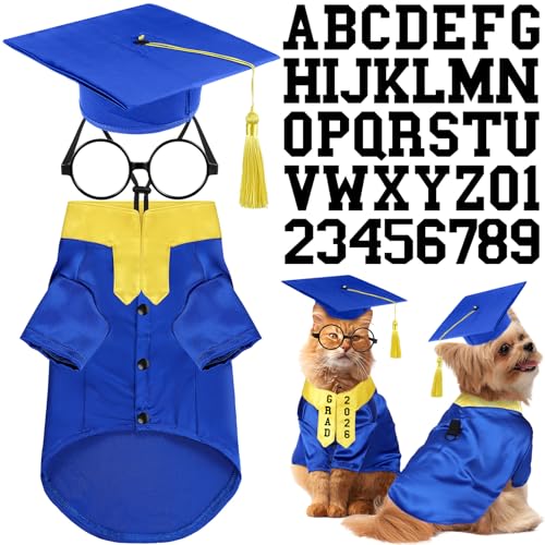 Huhumy 5 Pcs Dog Graduation Costume Set Include 2026 Pet Graduation Gown with Stole Puppy Grad Cap Lensless Glasses DIY Letter Stickers for Dogs Cats Holiday Costume Accessory(Blue Yellow S)