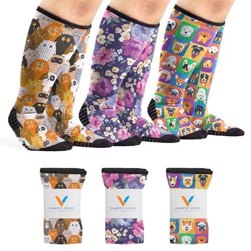 Viasox 3 Pack Compression Socks Women & Men Circulation Support 12-15mmHg Neuropathy Paws & Petals L