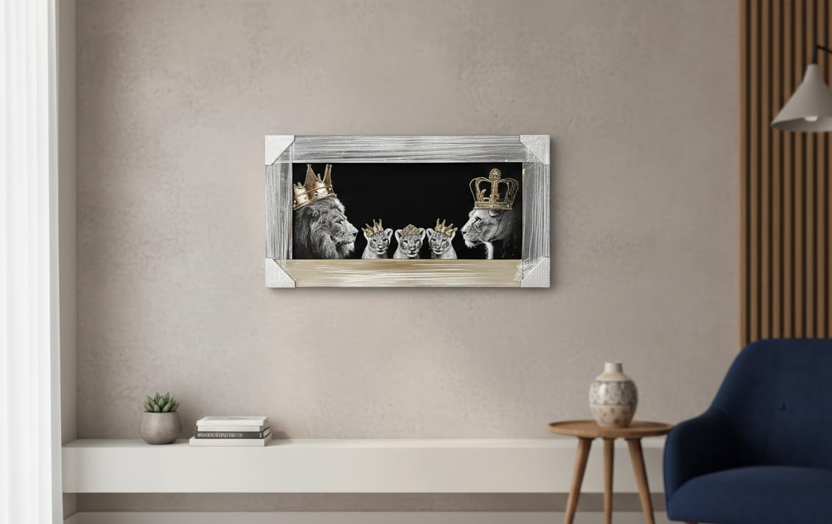 Biznest 3D Liquid Glitter Art Work Mirrored Frame Lion Royal Family Golden Crown Diamante Wall Hung Glass King Queen Cubs Black Gold Landscape 85 X 45 Cm (KING & QUEEN WITH 2X BOYS 1X GIRL)