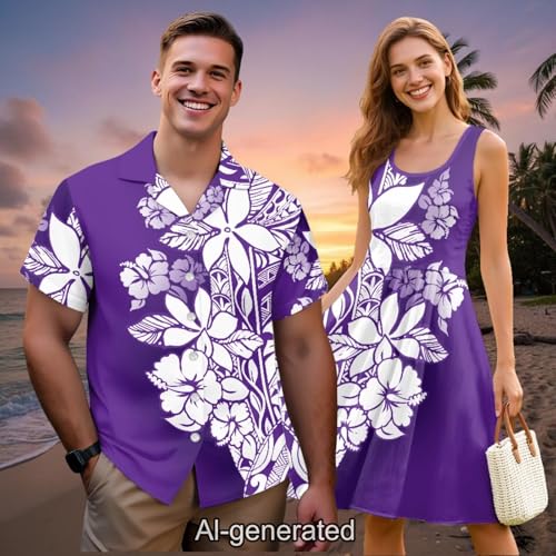 Image of Dreaweet Summer Dresses for Women A-Line Sleeveless Flowy Sun Dresses,Men's Casual Button-Down Shirts,Couple Matching Outfits