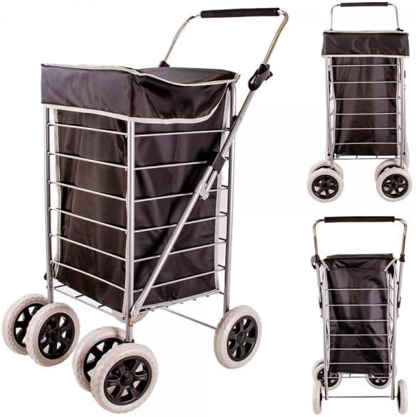 Premium 6 Wheel Swivel Shopping Trolley with Adjustable Handle Plain Black with Grey Trim