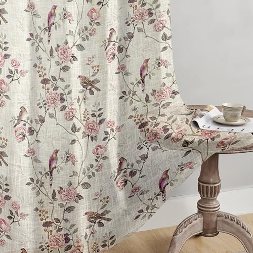 Image of Cortina Linen Printed Sheer Curtain Set of 2 Eyelet Ring Hanging, Floral Printed Curtains Non Blackout Light Filtering Curtains (Pink, 9FT)