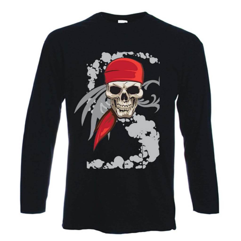 Tribal T-Shirts Mens Pirate Skull Long Sleeve Pirate T Shirt (XXL, Black)