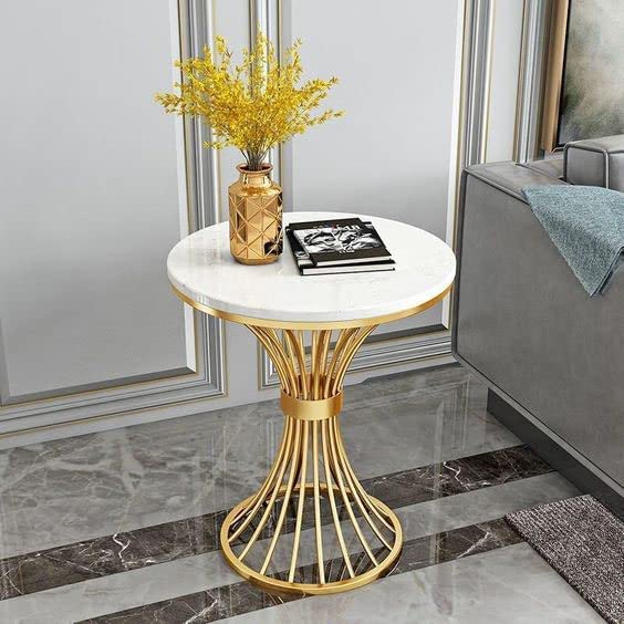 Image of Coffee Table Nesting Set of 2 Side Set Golden Frame Circular and Pattern Wooden Tables, Living Room Bedroom Apartment Modern Industrial Simple Nightstand (damru 2)