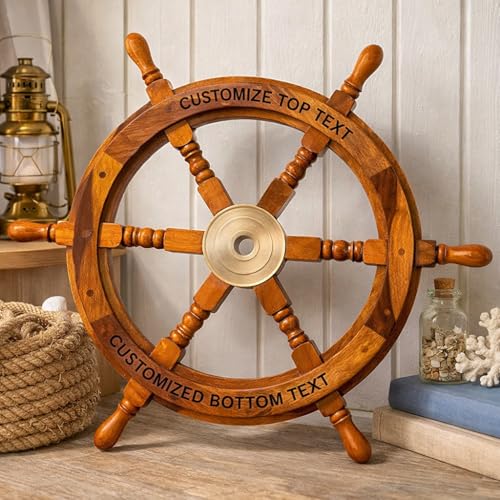 Personalized Nautical Wooden Ship Wheel Custom Size (12 36 Inch) Handcrafted Captain Steering Wheel with Brass Center Pirates Boat Wheels Wall Hanging Ship Wheel for Home Office & Marine Dcor