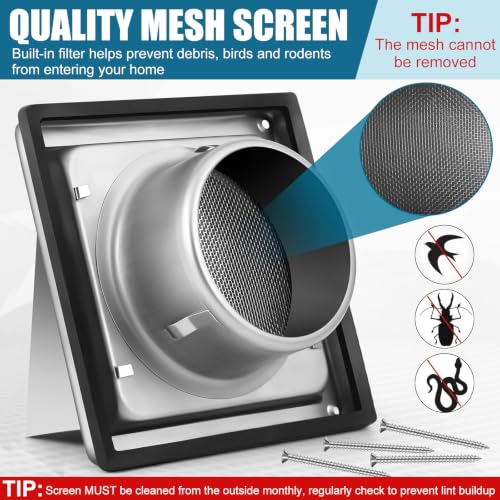 Image of Gisafai 4 Inch Dryer Vent Cover Outdoor with Fine Mesh Stainless Steel Screen Silver Wall Dryer Exhaust Vent Cover External Cap Cushioned Non Return Flap with Sealing Gasket Grille, Bird /Insect Proof