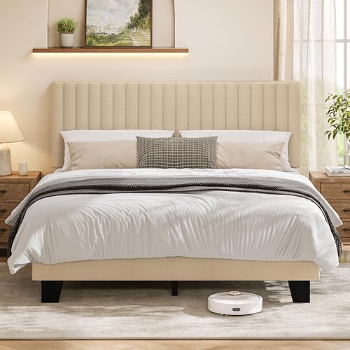Feonase Queen Bed Frame with Upholstered Headboard, Linen Platform Bed Frame with Wooden & Metal Slats Support, Storage Space Under Bed, No Box Spring Needed, Easy Assembly, Beige