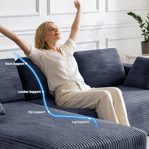 Image of 106 inch Corduroy Sectional Couch, Boneless L Shaped Couch with Deep Seat, Cloud Foam Sofa with Oversized Chaise, Sectional Sofa No Assembly Needed for Living Room