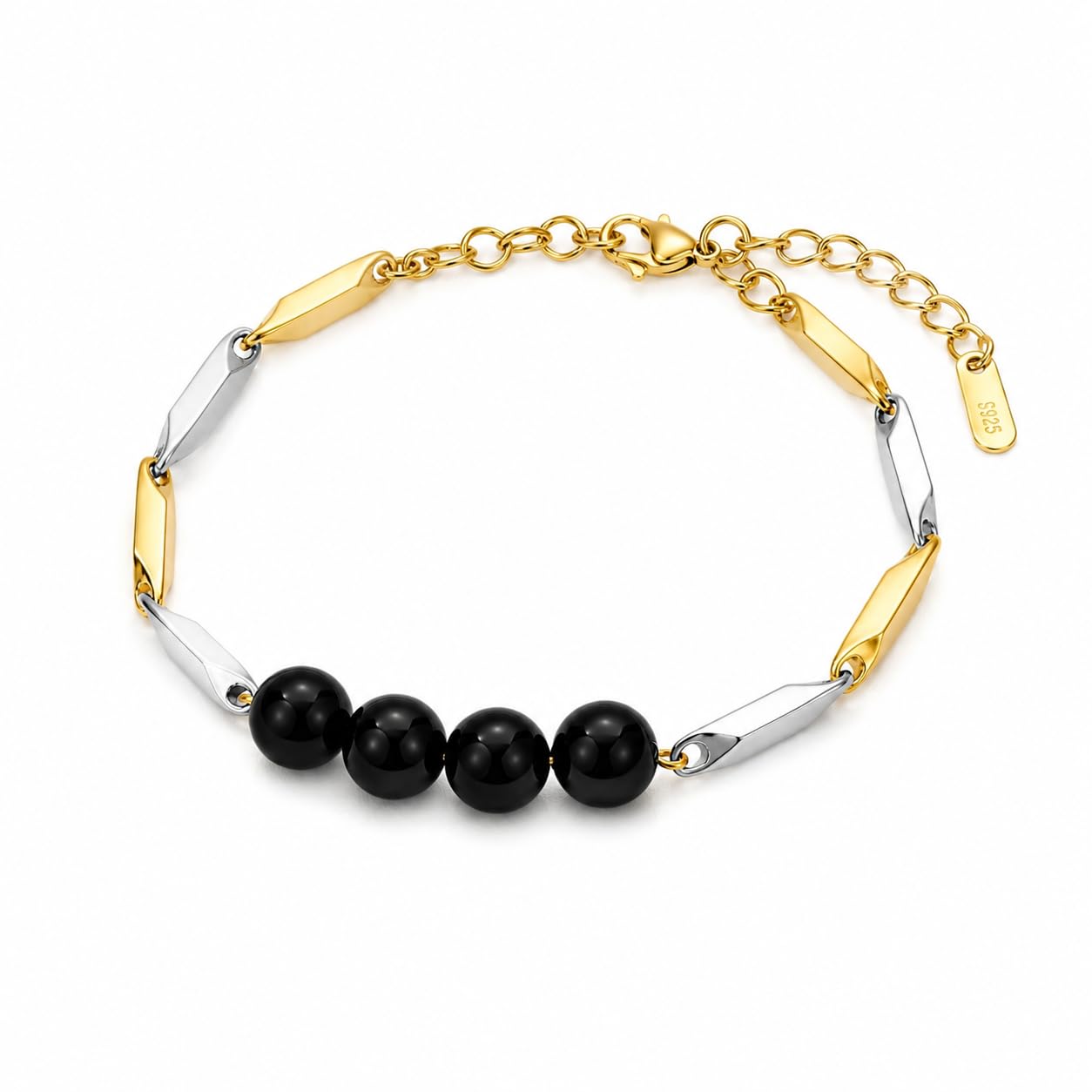Black Obsidian Dual-Tone Rice Chain Bracelet – Gold & Silver Tone Crystal Jewelry-image-32