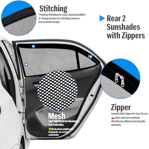 Image of Autofact Magnetic Car Sunshades Compatible with Hyundai Xcent (2014 to 2020) (Set of 4) - Easy Installation, UV Protection (Front 2 Half-Cut for Side Mirror Visibility, Rear 2 with Zippers)