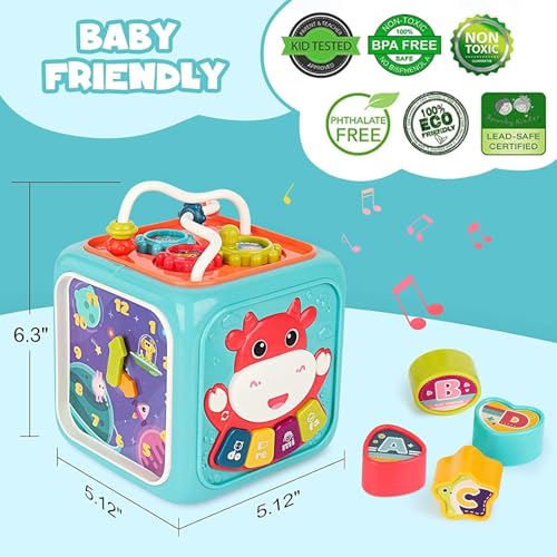 Image of Cable World 6 in 1 Montessori Activity Cube for Kids | Musical Sensory Learning Toy with Shape Sorter, Bead Maze, Piano Keyboard, Clock & Steering Wheel | Educational Toy for Babies & Toddlers