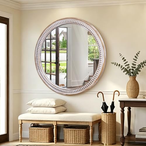 Image of 30 Inch Round Wood Mirror, Rustic Farmhouse Wall Mirrors for Bathroom | Boho Accent, HD Tempered Glass, Large Decorative Appeal, Ideal for Living Room, Entryway, Foyer, Vanity, and Hallway
