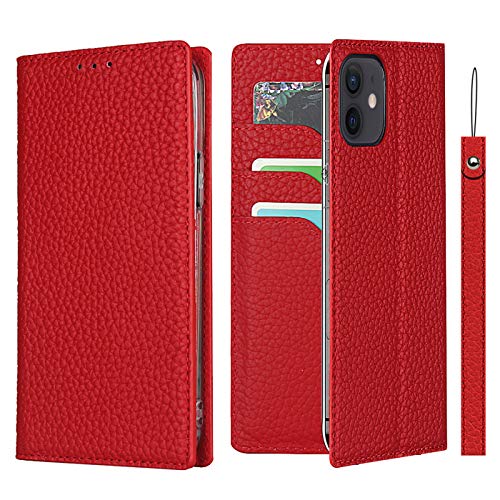 Étui portefeuille iPhone 12 rouge iCoverCase anti-chute en cuir véritable