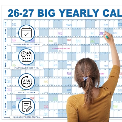 Image of 2026-2027 Dry Erase Wall Calendar - July 2026- June 2027, 35.2 inch x 50 inch, Extra Large Yearly Wall Calendar 2026-2027, 12-Month Note Section & 365 Daily Block, 10 Round Stickers, Perfect for Home, Office and School