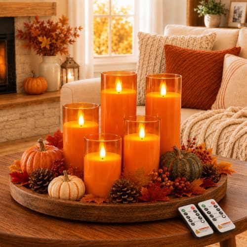 Orange Glass Flameless Pillar Candles with Remote