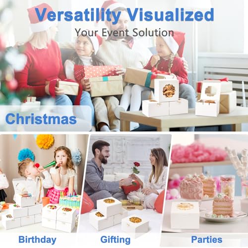 Shallive 4-Inch Small Cookie Boxes 50 Pcs White - Bakery Treat Boxes with Window for Gifting, To-go Containers for Cake Slice, Macarons, Donuts 4x4x2.5