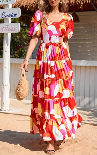 Image of PRETTYGARDEN Puff Short Sleeve Cewneck Floral Long Fall Dresses for Women 2025 Flowy Tiered Hem Maxi Wedding Guest Dress