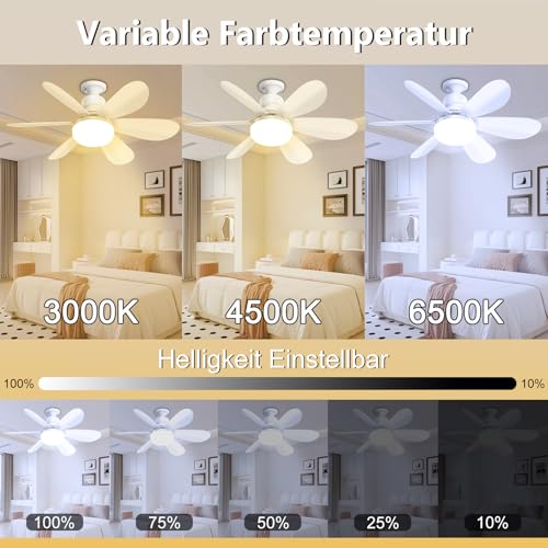 ZAIYW Deckenventilator mit Beleuchtung und Fernbedienung, 50CM Deckenlampe mit Ventilator 3 Windstufen Leiser, 3 Farben 3000K-6500K, Timer für Schlafzimmer Wohnzimmer