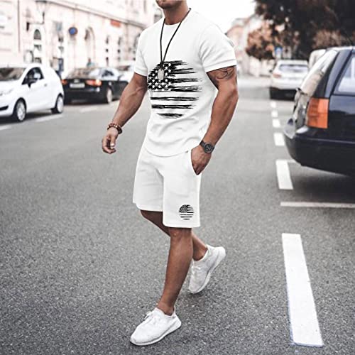 Glvsz Men Summer Outfit Beach Short Sleeve Printed Shirt Short Suit Shirt Pants Suit With Pockets Complete Tuxedo White #TOP1