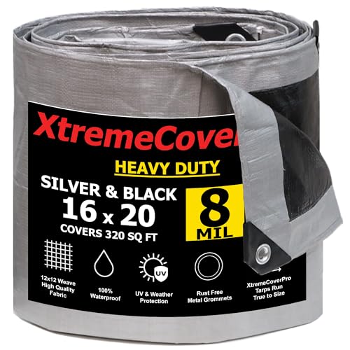 16 x 20 Silver Black Super Ultra Heavy-Duty Tarp 8 Mil Waterproof & UV-Resistant 16x20 - Large Outdoor Tarp Waterproof Cover for Rain Camping Tent UV Protection Reinforced Corners
