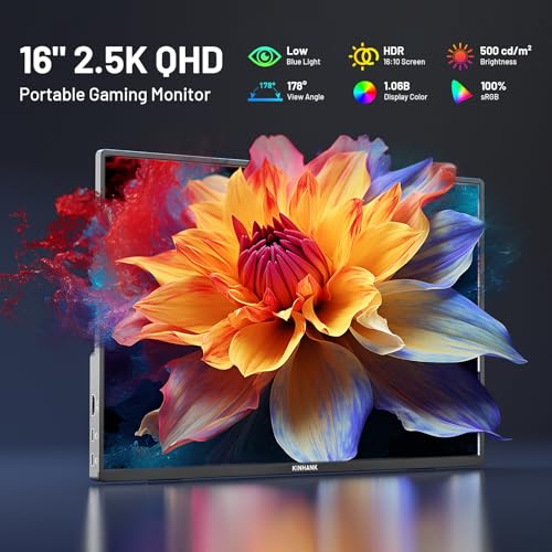 Image of 2.5K 144Hz Portable Gaming Monitor 16 inch, 2560x1600, Plug & Play, 100% sRGB, 500nits, 16:10, Eye Care Second Computer Display with Speakers for Laptop, PC, Mac, P-S4 /5, Sw-tch, X-BO, USB-C /HDMI, (K16G)