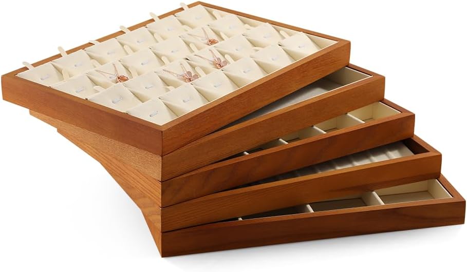 24 Grids Jewelry Display Tray Stackable Jewelry Tray Organizer Necklace Storage Trays with Insert Dividers Jewelry Display Storage Box Jewel Showcase Holder (13.78"L x 9.45"W x 1.18"H) Old Lace