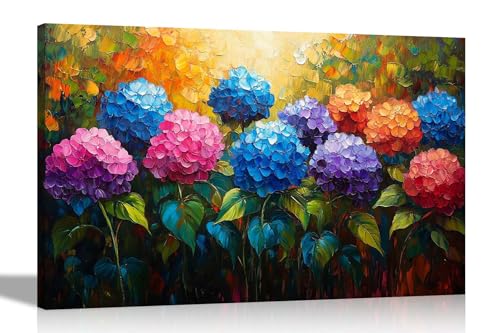 Image of Artley Prints - Hydrangea Flowers Oil Painting Colourful Canvas Wall Art Framed Floral Pictures Contemporary Prints Extra Large 101 x 76cm (40 x 30 inches)