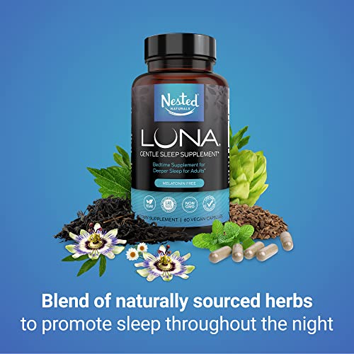 Nested Naturals Luna Sleep Supplement, Melatonin Free, Non-Habit Forming Herbal Sleep Supplement, Adult Bedtime Support, Help Sleeping W/Chamomile, Valerian, L-Theanine, 60 Vegan Capsules #TOP1